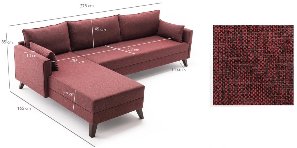 Sofá de Canto Bella – Vermelho Claret – 275x85x165 cm