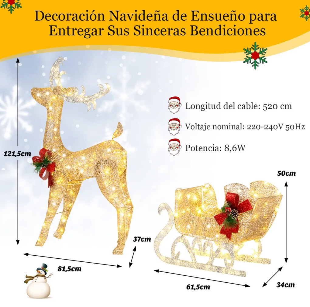 Renas e trenó iluminados Decoração de Natal para exterior com 100 luzes brancas quentes para jardim dourado