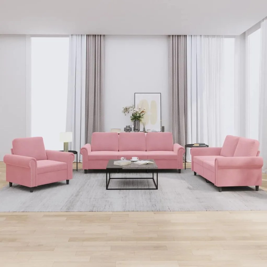 vidaXL 3 pcs conjunto de sofás com almofadões veludo rosa