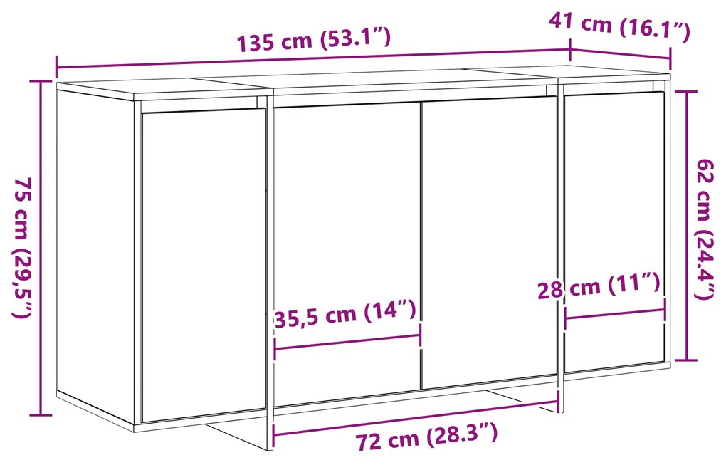 Buffet Preto Preto Madeira Engenheirada 135 x 41 x 75 cm