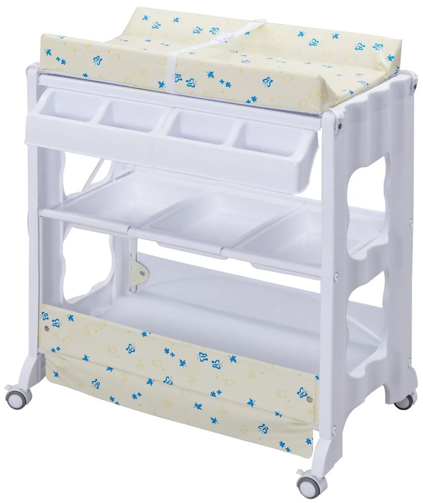 Banheira de Banho para Bebés Mesa de Mudança de Banho com Prateleira de Arrumação de Rodas com Bandeja 85 x 70 x 92 cm Bege