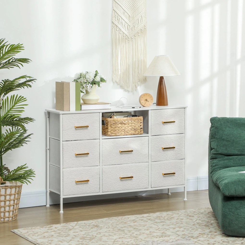 Cómoda com 8 gavetas em tecido felpudo, móvel de arrumação com 2 tomadas, estrutura em aço 110 x 30 x 76 cm, cor creme