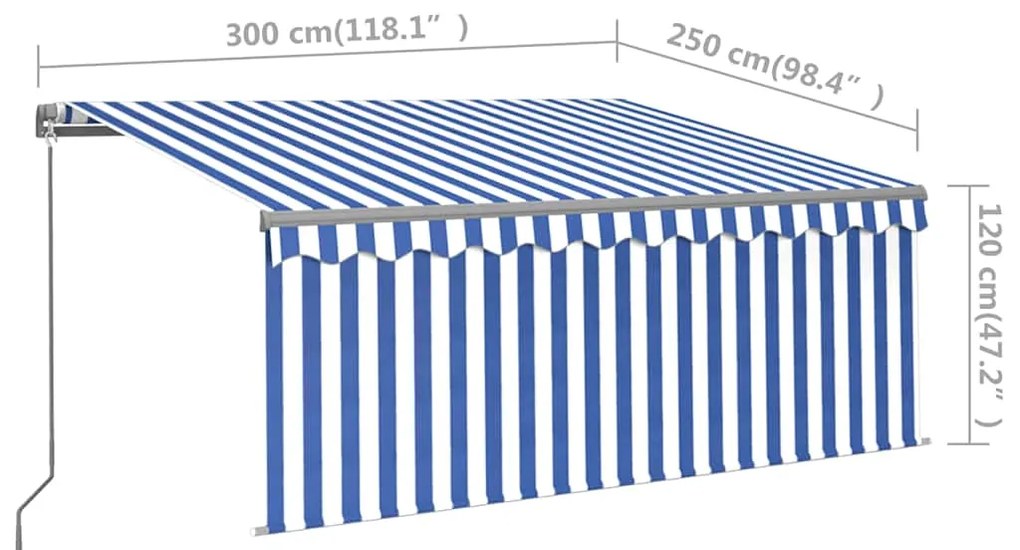 Toldo retrátil manual com estore/LED 3x2,5 m azul e branco