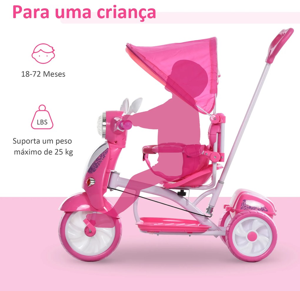 HOMCOM Triciclo para crianças acima de 3 anos Triciclo evolutivo dobrável com funções de luz e música Toldo Forma DE Motocicleta 102x48x96 cm Rosa