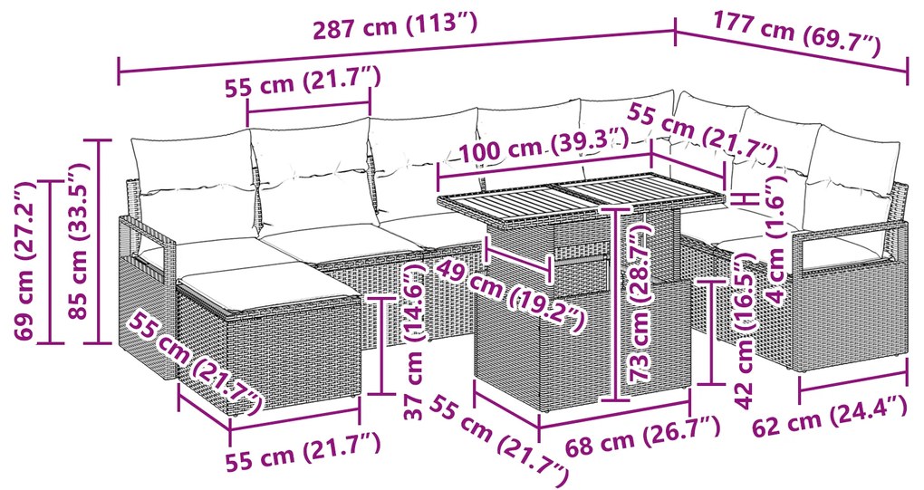 Conjunto de Sofá de Jardim vidaXL de 9 peças com Almofadas Cinza Vime