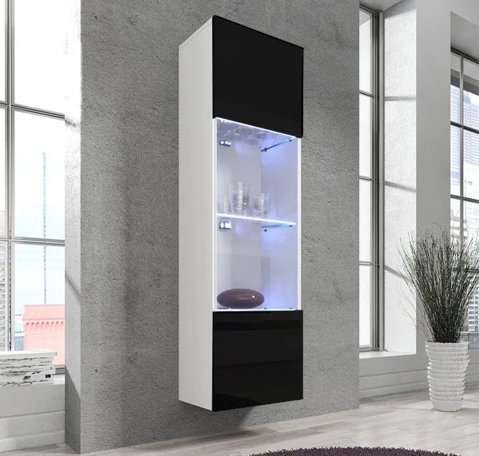 Vitrine Alta Vilela – 40x170 cm – Branco e Preto com Porta Curva e LED