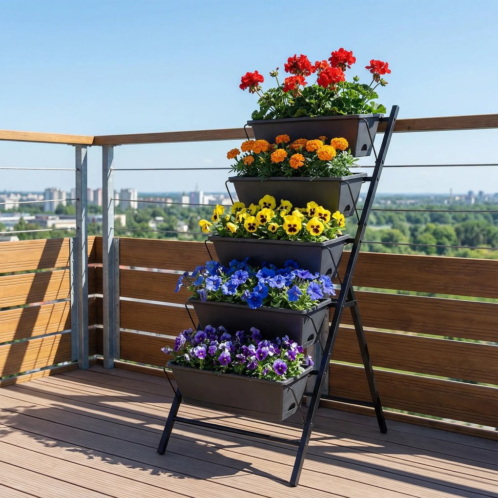 Floreira vertical de 5 níveis 57 x 71 x 115 cm com estrutura metálica, tabuleiros removíveis e orifícios de drenagem, para interior e exterior, Preta