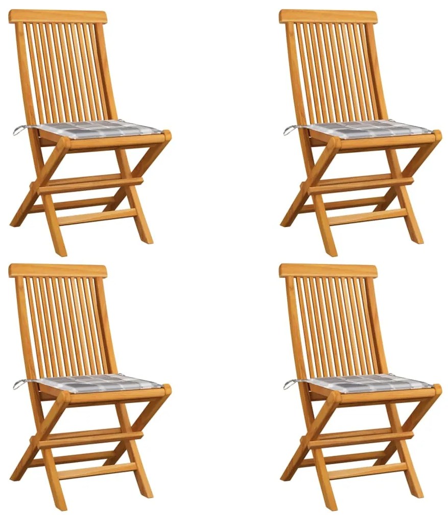 Cadeiras de jardim c/ almofadões xadrez cinzento 4 pcs teca