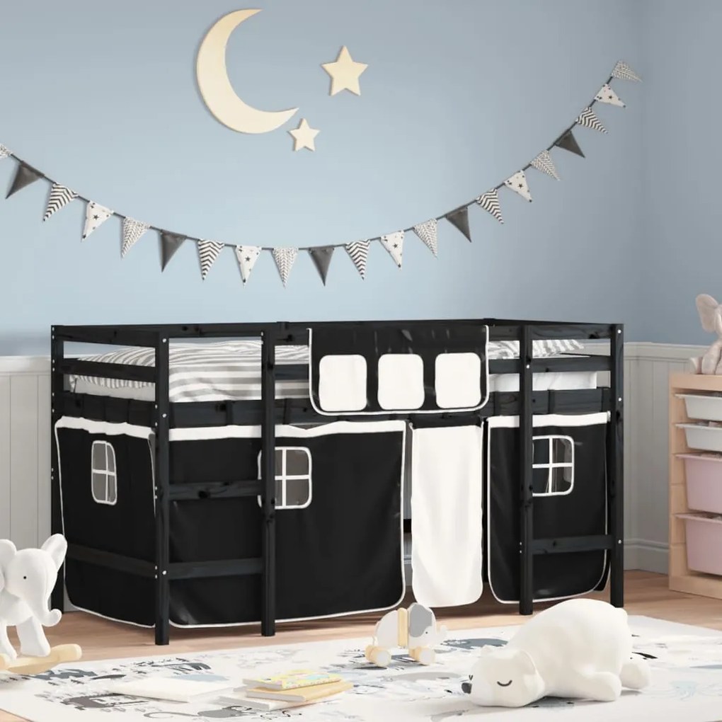 vidaXL Cama alta criança c/ cortina 90x190 pinho maciço branco/preto