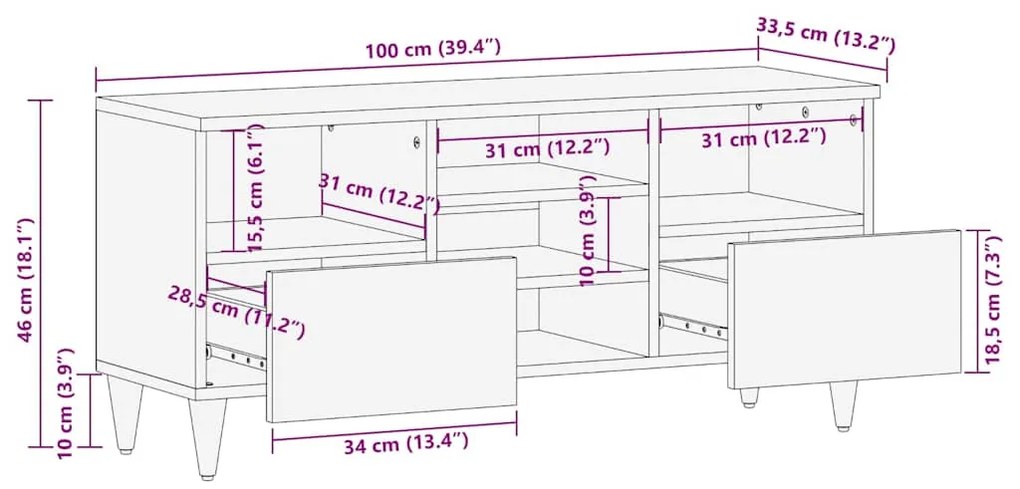 Móvel de TV 100x33,5x46 cm madeira de mangueira maciça