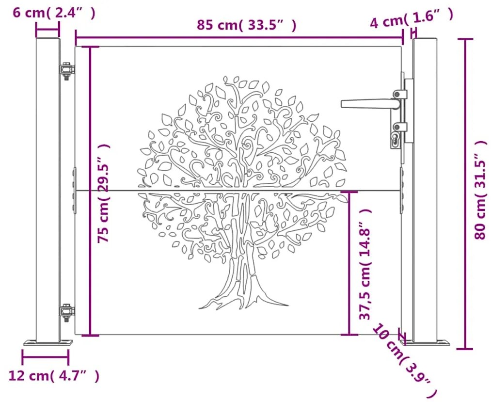 Portão de jardim 105x80 cm aço corten design árvore