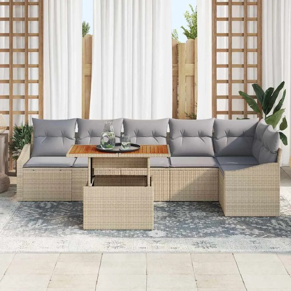 Conjunto de Jantar de Jardim com 7 Peças e Almofadas Beiges em Rattan