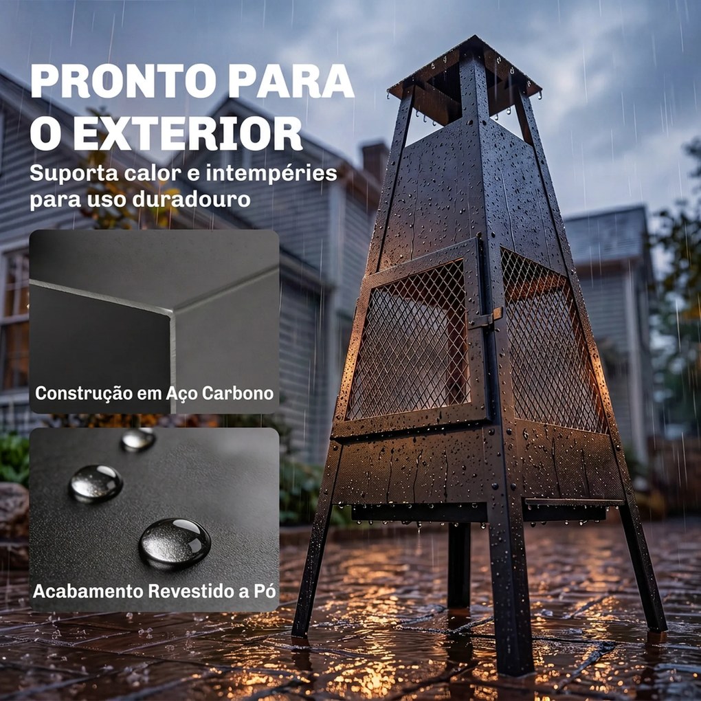 Braseiro de Exterior com Chaminé Cónica 41x40,5x97 cm em Aço Carbono com Malha de Proteção para Pátio e Terraço Preto