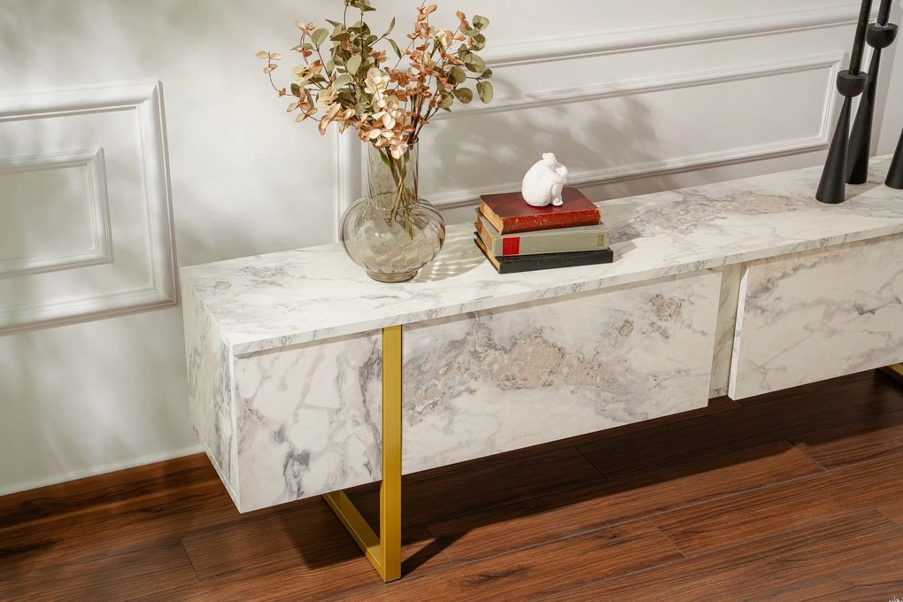 Móvel TV Serenity – Mármore Freesia Dourado – 180 cm x 50 cm x 29,5 cm