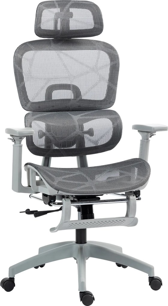 HOMCOM Cadeira de escritório, cadeira de escritório ergonômica em malha com apoios de braço 3D, encosto reclinável, 66x64x122 cm, cinza | Aosom Portugal