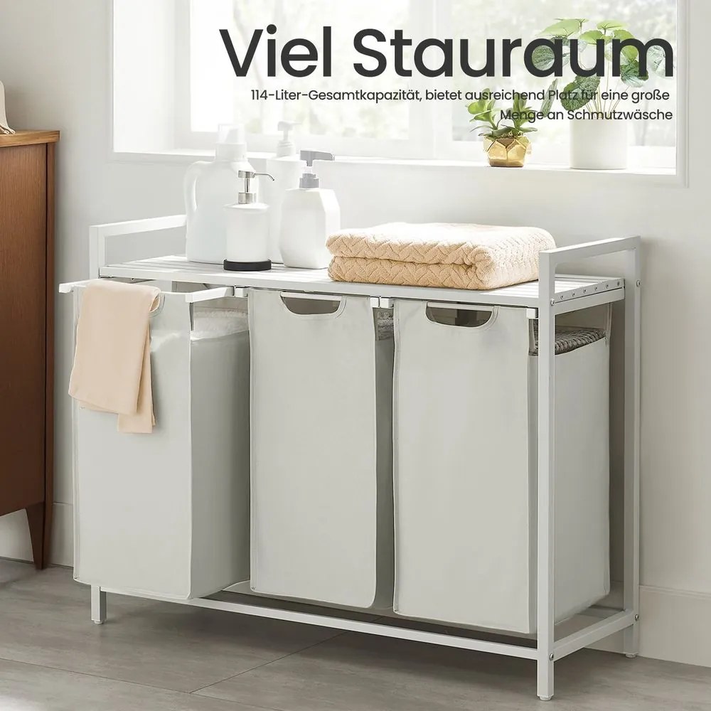Cesto para roupa suja com 3 compartimentos e prateleira de 114 L, 92,5 x 33 x 72 cm branco