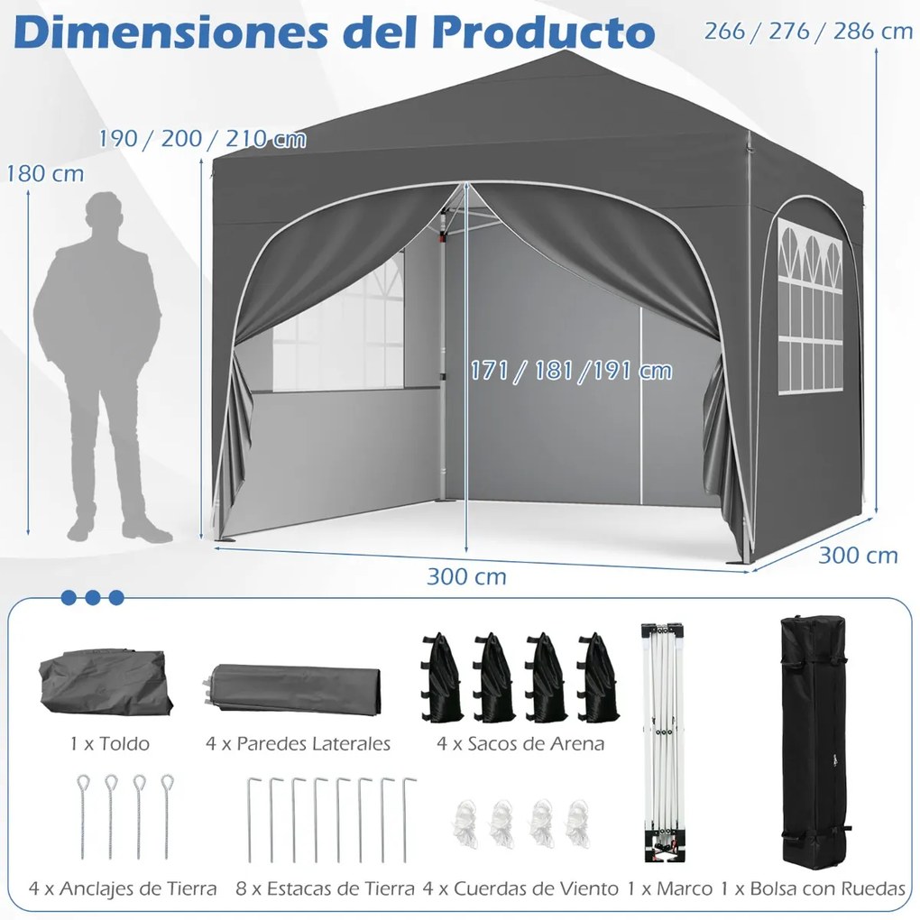 Tenda Jardim. Festas, Eventos 3 x 3 m Pop UP com 4 Paredes om4 Sacos de Areia, com Bolsa Transporte Cinzenta