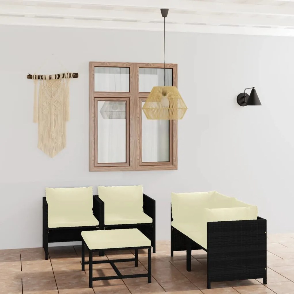 vidaXL 5 pcs conjunto lounge de jardim c/ almofadões vime PE preto