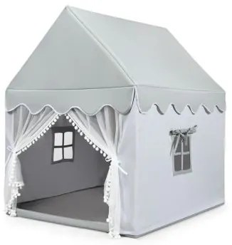 Tenda para crianças 120 x 105 x 140 cm Estrutura de madeira sólida e tapete de algodão, casa com loja, porta e janela cinza