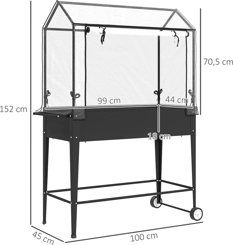 Floreira de horta sobre pés com cobertura de PVC, floreira elevada com rodas e orifício de drenagem, 100 x 45 x 152 cm, preto