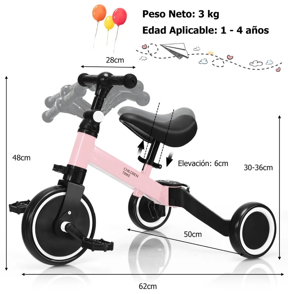 Bicicleta infantil 3 em 1 para 1-3 anos com assento ajustável e guiador Triciclo infantil de 3 rodas para andar 62 x 46 x 48 cm Rosa