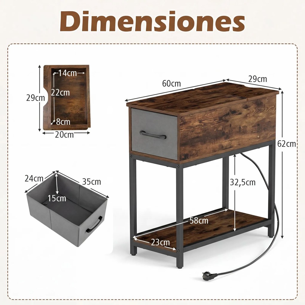 Conjunto de 2 mesas cabeçeira estreitas com estação de carregamento  60 x 29 x 62 cm, luzes, USB, gaveta e estante industrial Castanho rústico e cinze