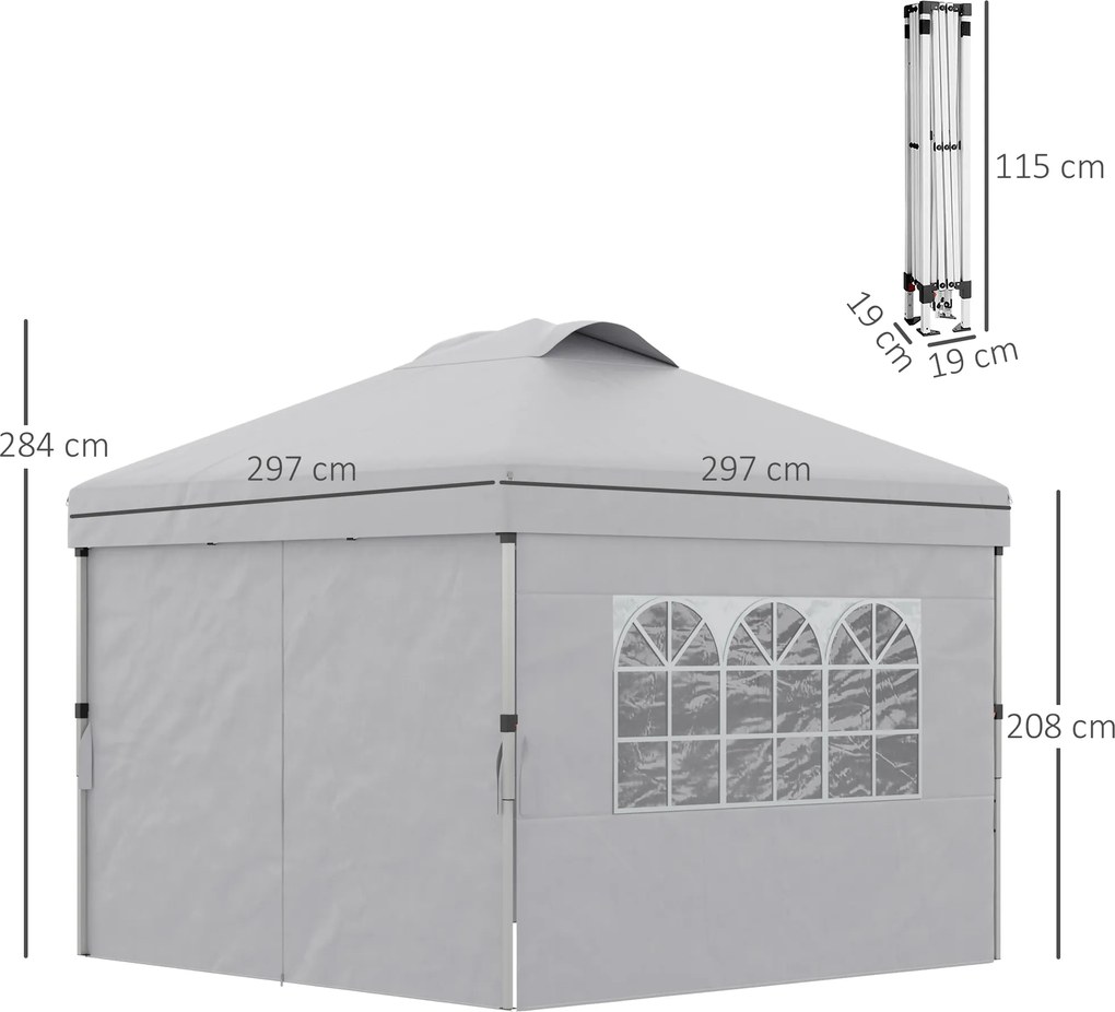 Tenda pop-up dobrável 3 x 3, altura ajustável, paredes laterais, aberturas de ventilação, janelas, saco de transporte com Rodas cinzento claro