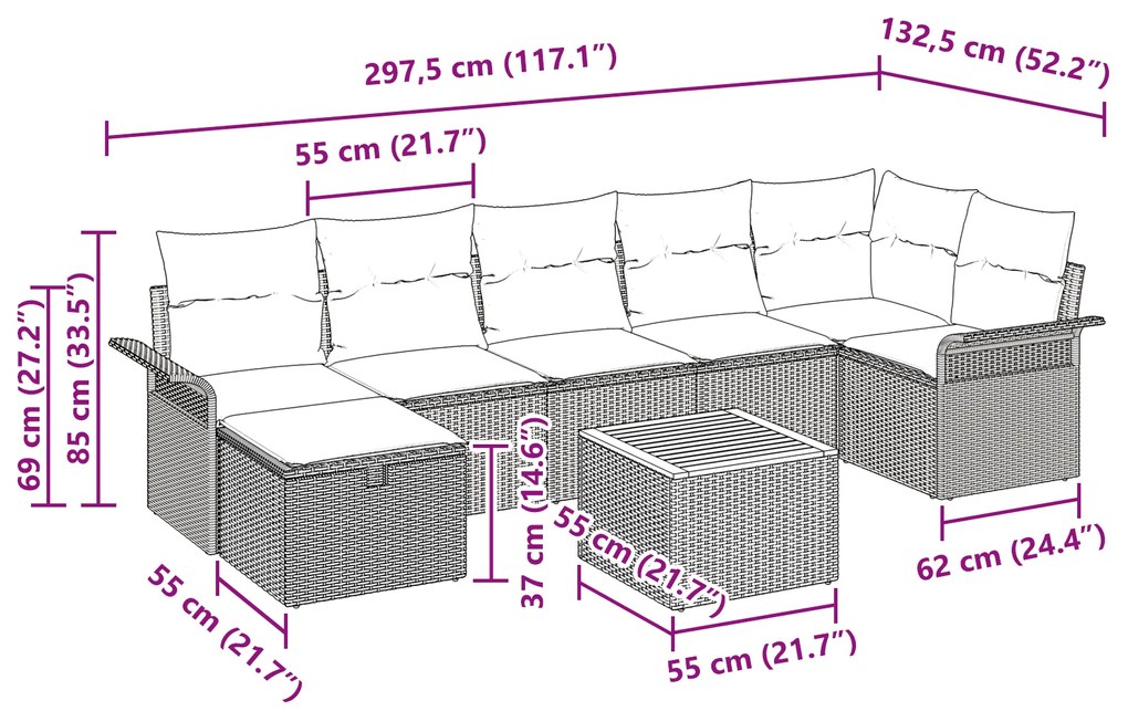 Conjunto de Sofá de Jardim de 8 Peças com Almofadas Cinza de Rattan de