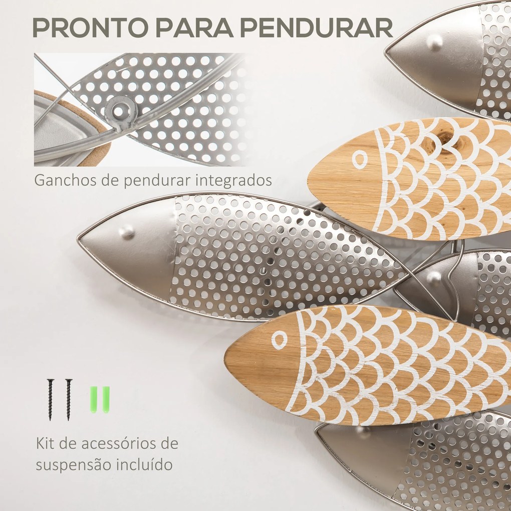 HOMCOM Decoração de Parede de Metal e Madeira 3D de Peixes 100x47cm Arte de Parede Metálica para Sala de Estar Dormitório Escritório Prata e Madeira