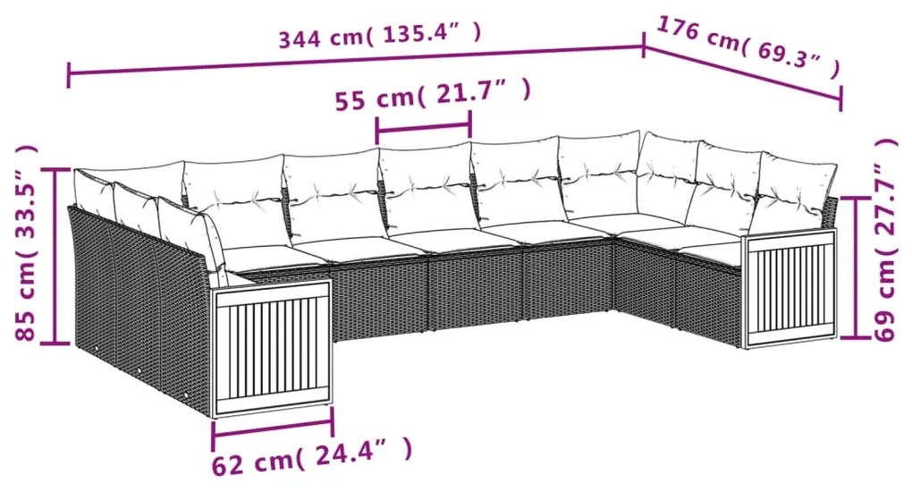 10 pcs conjunto sofás de jardim c/ almofadões vime PE preto