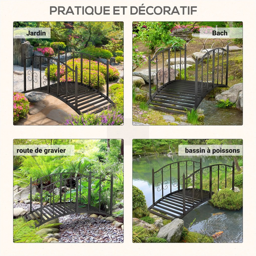 Ponte de jardim em aço com corrimões laterais, carga máxima de 120 kg, decoração de jardim, 119 x 67 x 70 cm, preta