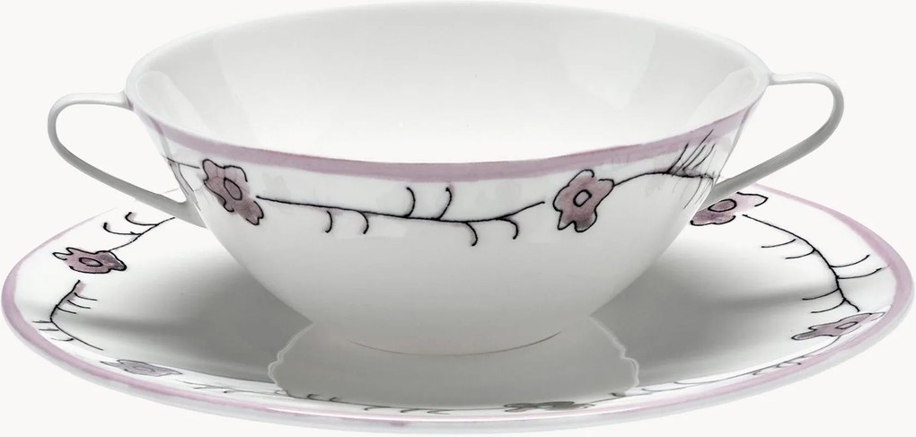 Taças de sopa em porcelana Fine Bone China com pires Midnight Flowers, conjunto de 2