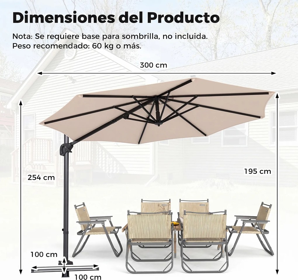 Guarda sol de Jardim de Jardim, 300 x 254 x 190 cm, Rotação de 360° (BASE NÃO INCLUIDA), Bege