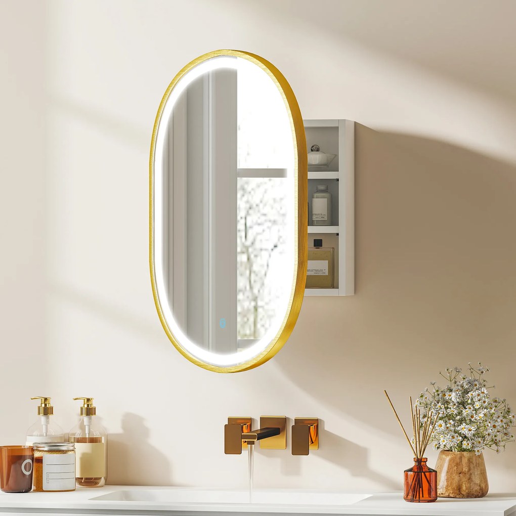 Armário de Casa de Banho com Espelho e Luzes LED de 3 Cores Armário de Parede Oval com Memória e Função Antivapor Dourado