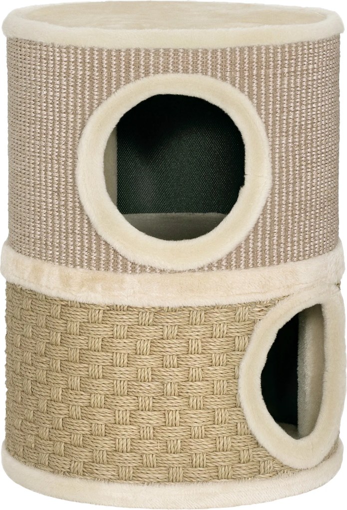Arranhador em Forma de Cilindro para Gatos com 3 Níveis Plataforma e Caverna Confortável 37,5x37,5x70 cm Caqui e Bege