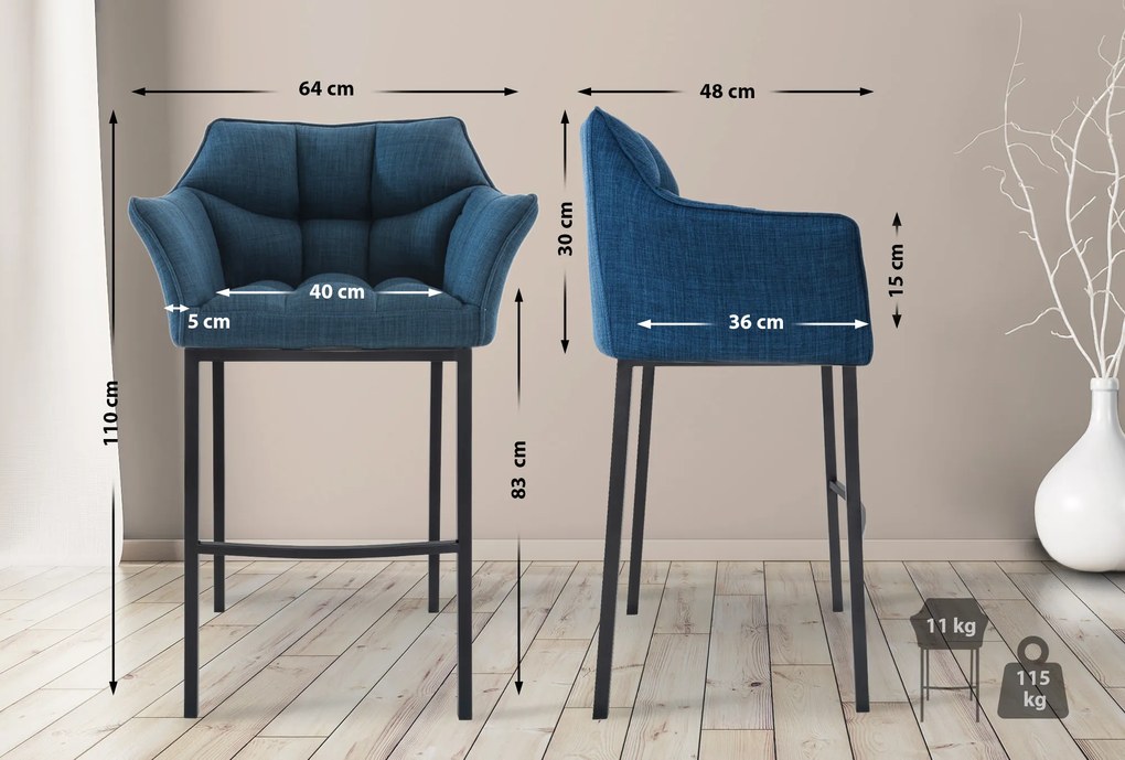 Banco de bar Damaso em tecido e com estrutura preta 64 x 110 x 48 cm Azul