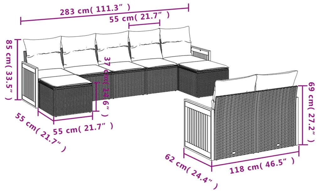 9 pcs conjunto de sofás p/ jardim com almofadões vime PE bege