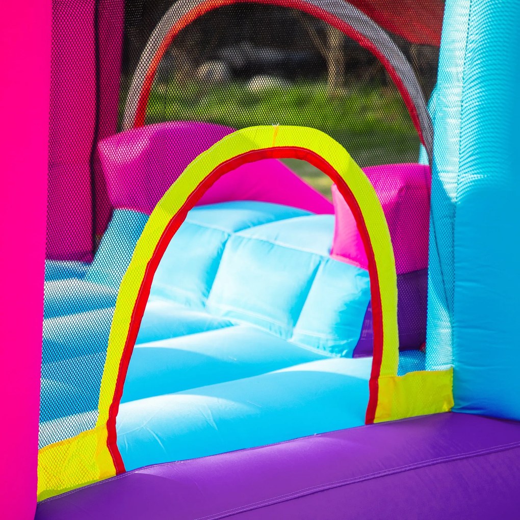 Castelo Insuflável com Escorrega Trampolim Piscina e Cesta de para Crianças acima de 3 Anos Inclui Inflador e Bolsa de Transporte para Interior e Exterior 300x270x200cm Multicor