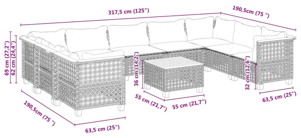 10 pcs conjunto sofás de jardim c/ almofadões vime PE cinzento