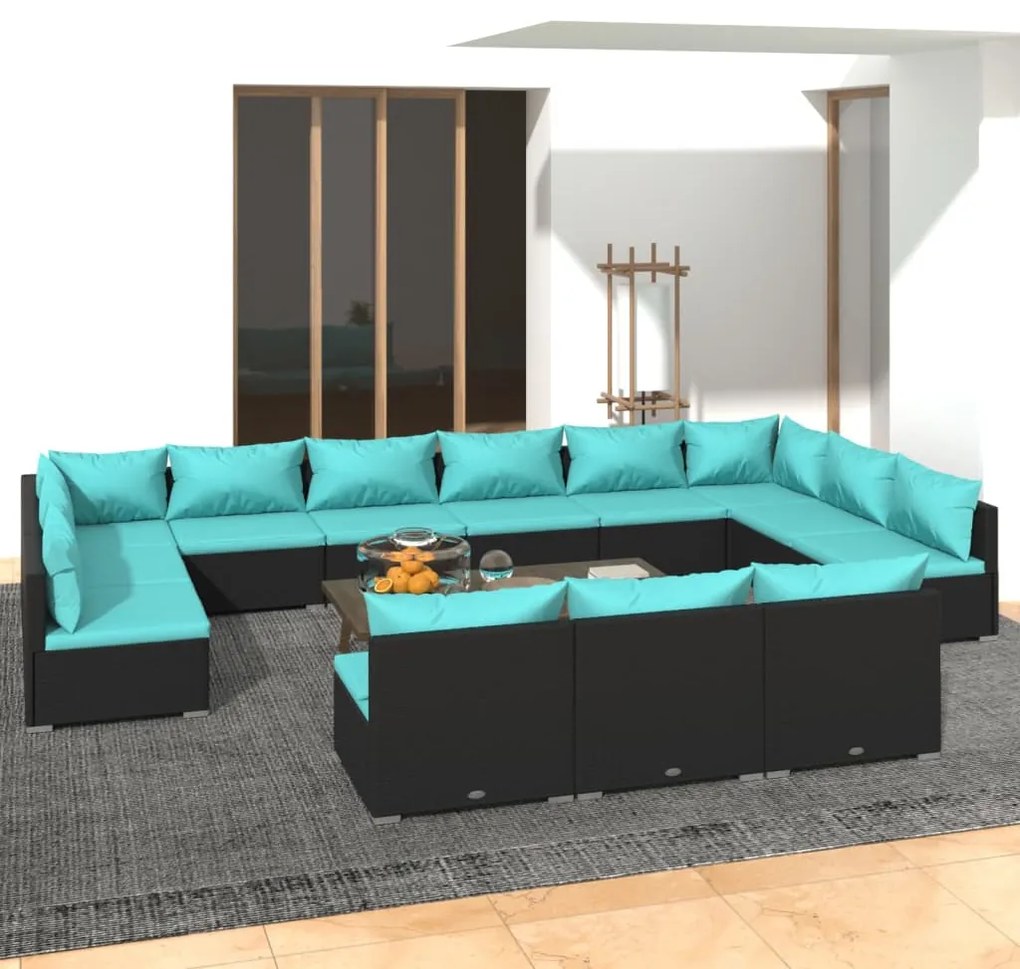 vidaXL 13 pcs conjunto lounge de jardim c/ almofadões vime PE preto