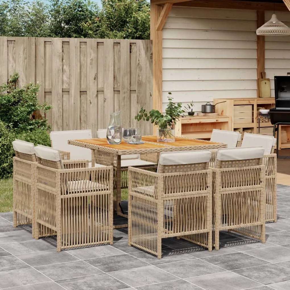 vidaXL 9 pcs conjunto de jantar p/ jardim com almofadões vime PE bege