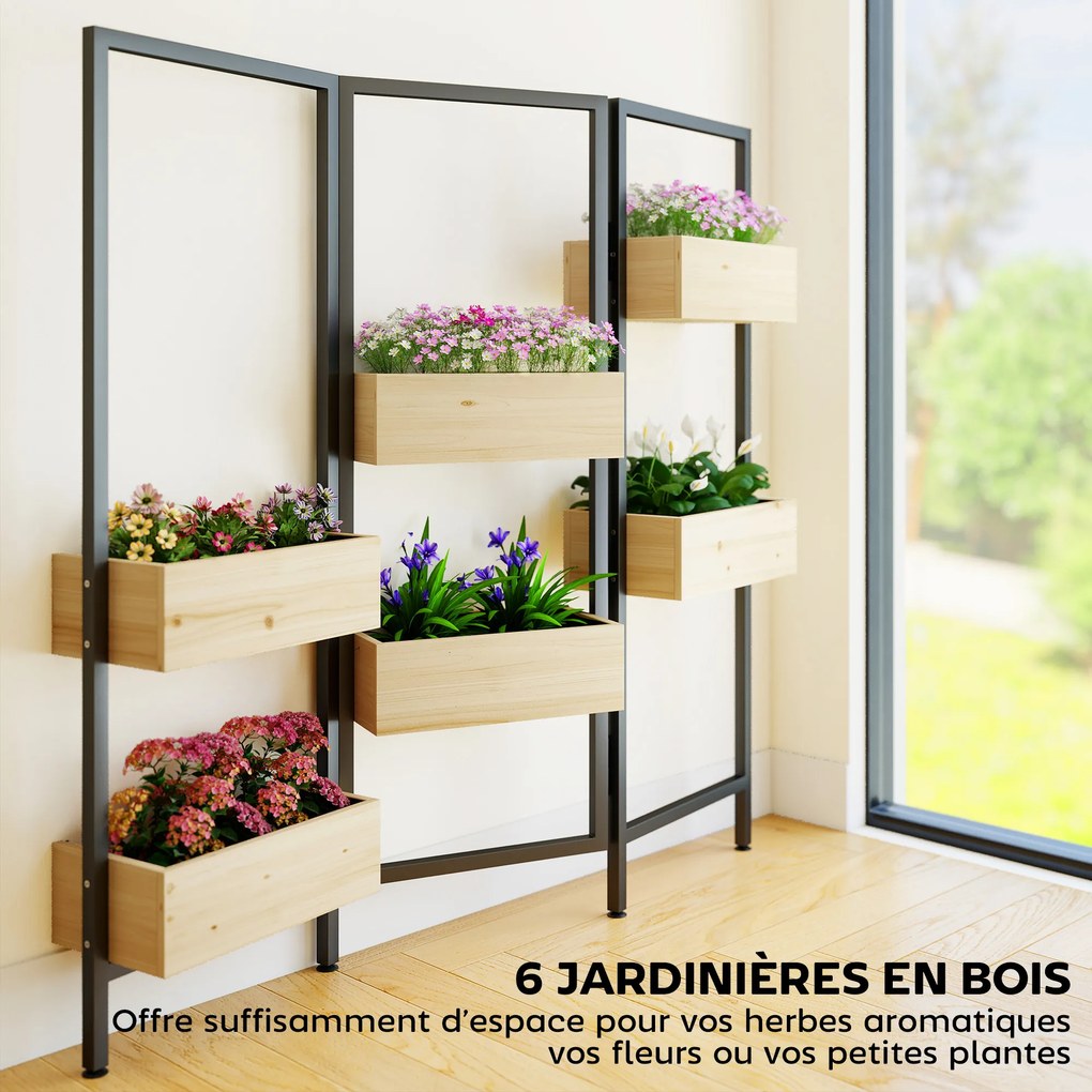 Divisória com 6 compartimentos 116 (L) x 20 (P) x 112 (A) cm, biombo exterior dobrável de 3 painéis com orifício de drenagem e forro, madeira natural