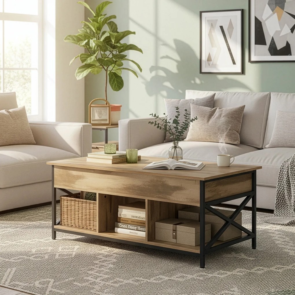 Mesa de centro com espaço de arrumação aberto e oculto 60 x 120 x (48-62) castanho camelo-preto