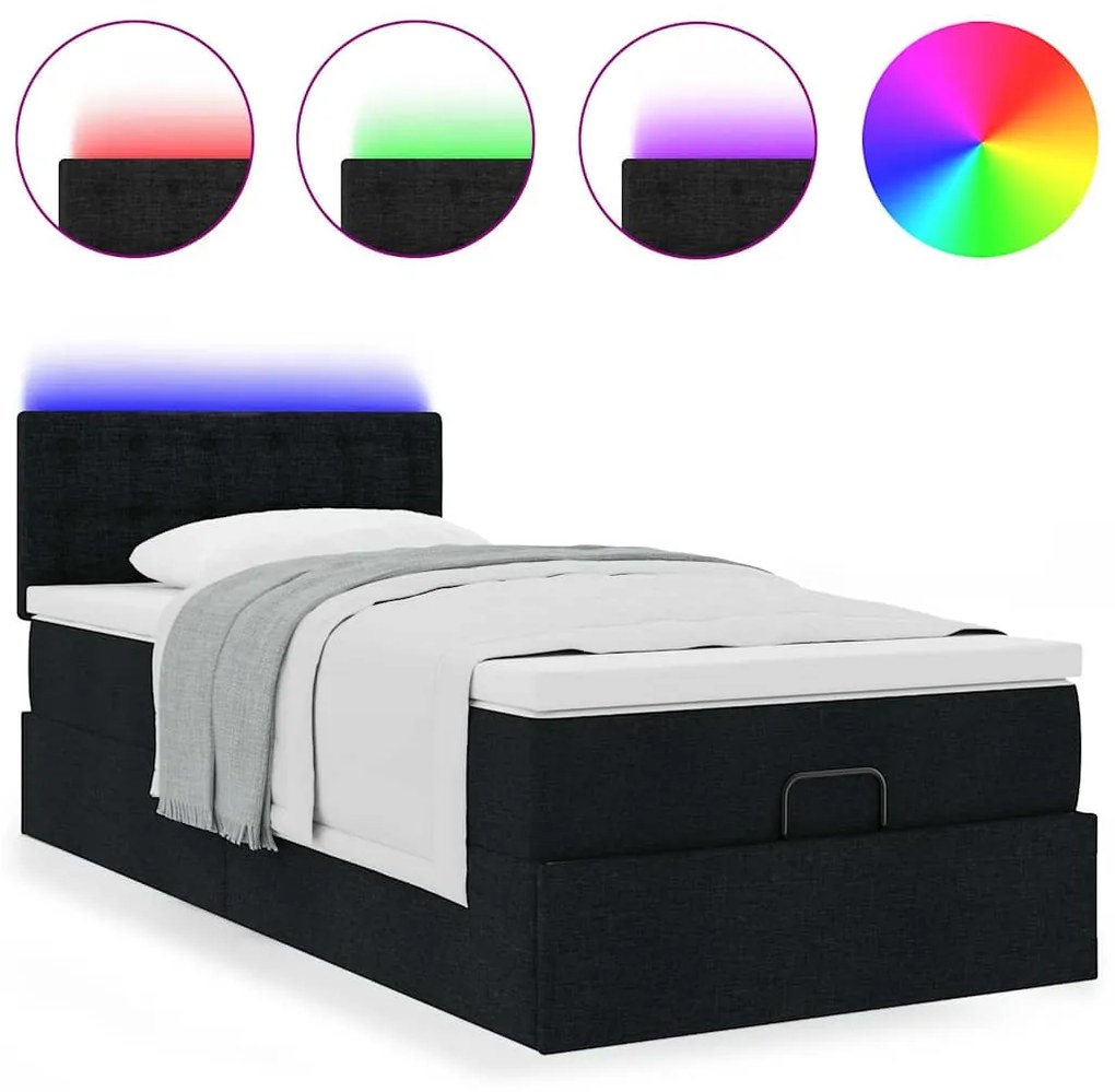 Cama otomana com colchão 100x200 cm tecido preto