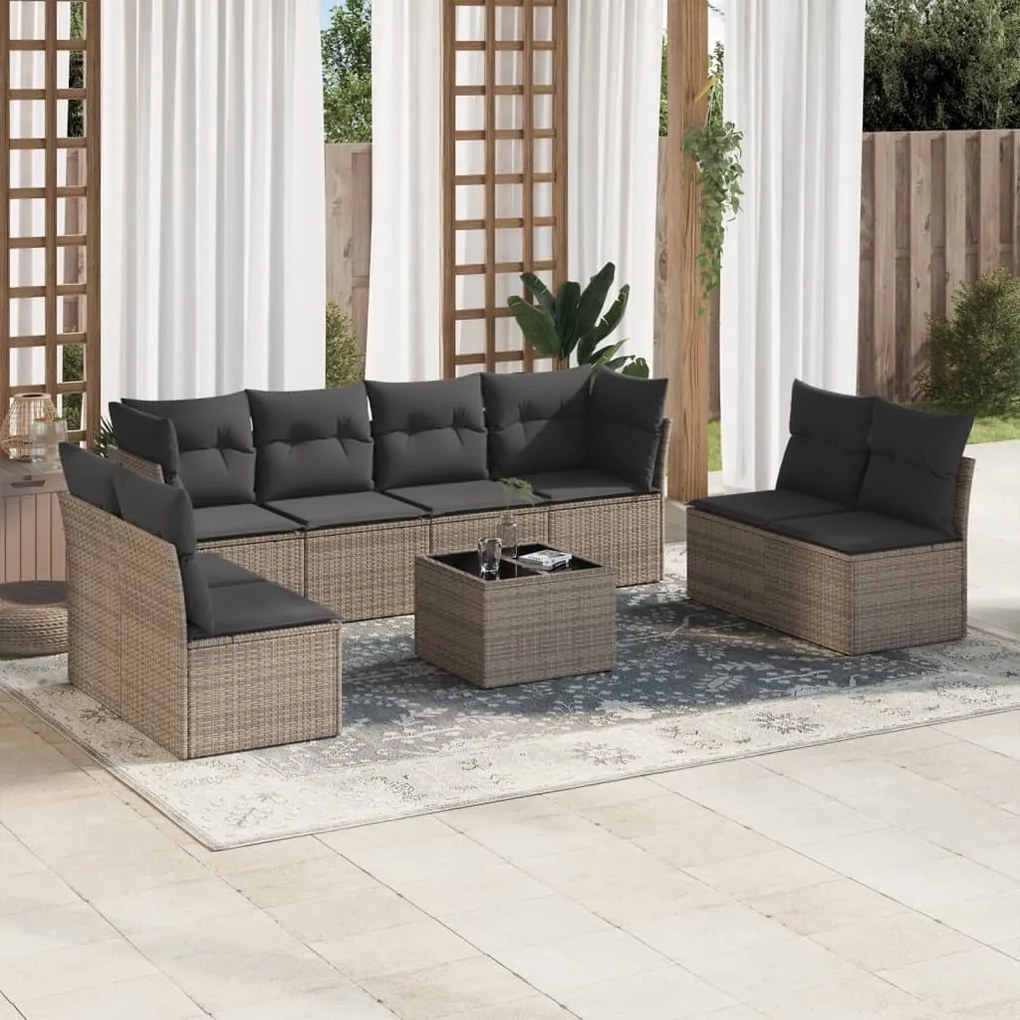 9 pcs conjunto sofás p/ jardim com almofadões vime PE cinzento