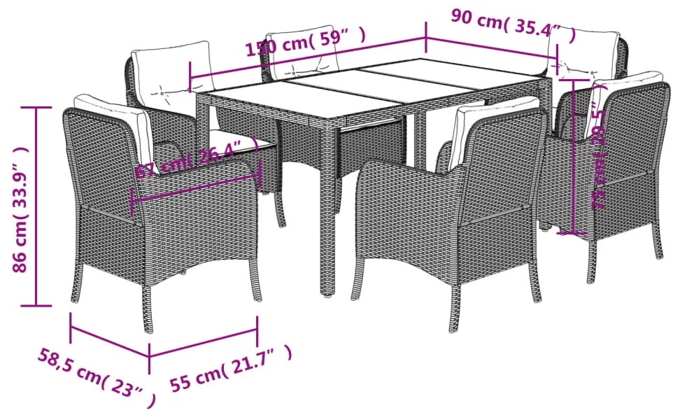 7 pcs conjunto de jantar p/ jardim c/ almofadões vime PE cinza