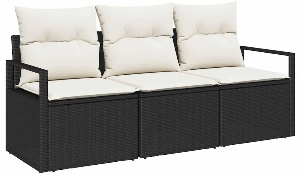 Conjunto de Sofá de Jardim 3 Peças com Almofadas Pretas em Rattan Sint