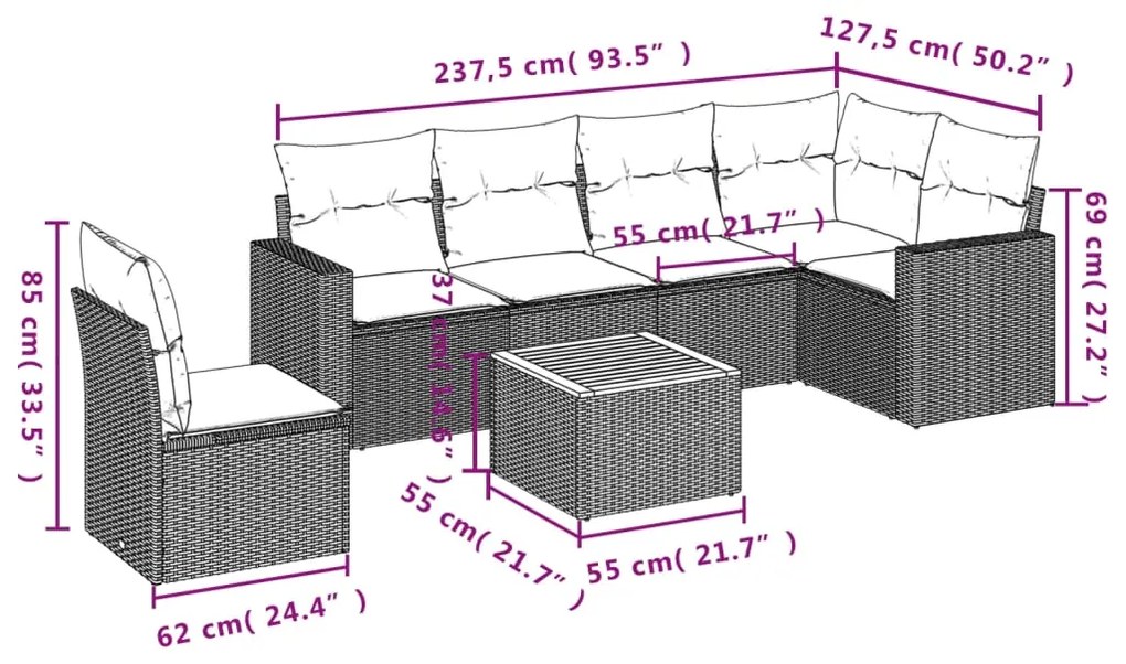 7 pcs conjunto sofás p/ jardim c/ almofadões vime PE cinzento