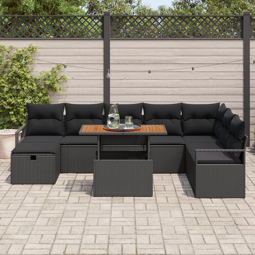 Conjunto de Sofá de Jardim vidaXL 9 Peças com Almofadas Preto Rattan P