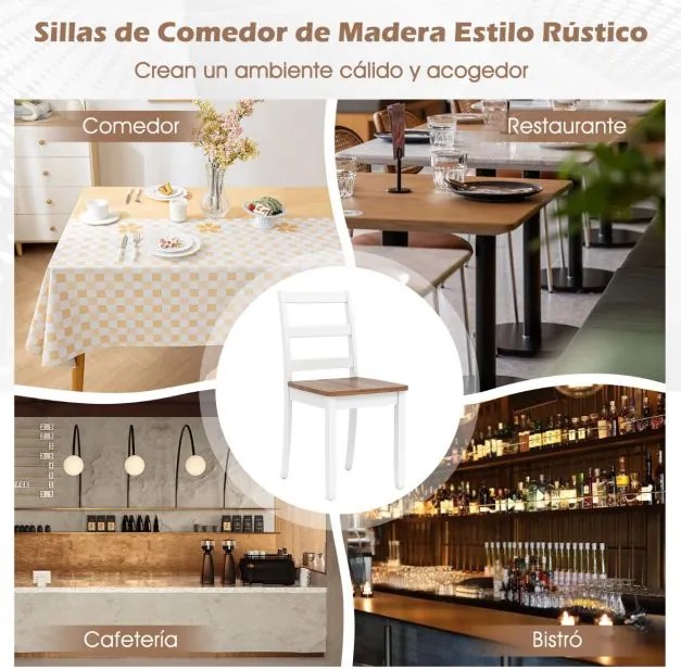 Conjunto de 2 cadeiras de jantar (MESA NÃO INCLUIDA) com pernas em madeira de borracha, encosto alto curvo, branco e castanha